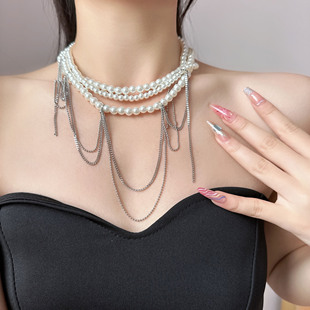 时尚欧美风珍珠链条流苏项链法式气质时髦高级感多层叠戴锁骨颈链
