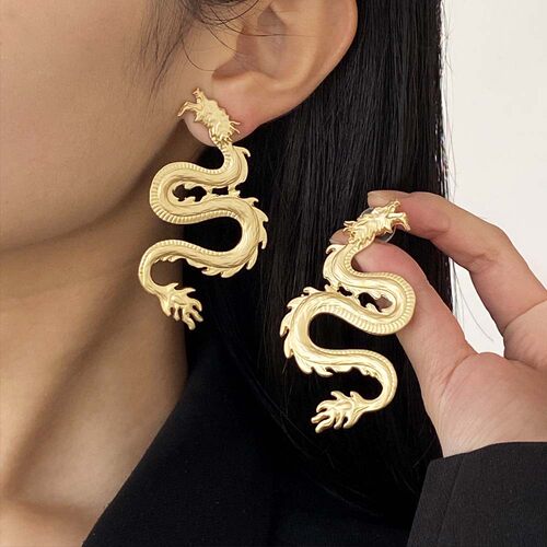 中古个性金色浮雕龙耳环女