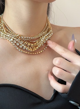 法式轻奢闪钻镶钻多层宽版项链女