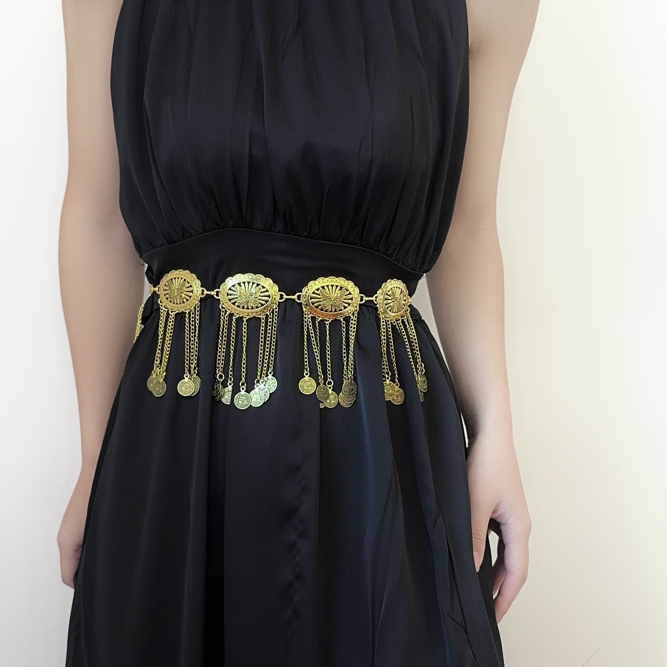 波西米亚复古椭圆蝴蝶金属流苏钱币腰链身体链古典做旧腰间配饰链