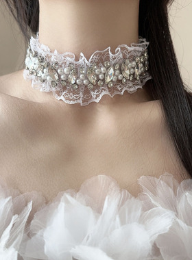 白色蕾丝闪钻花边轻奢时髦颈链女