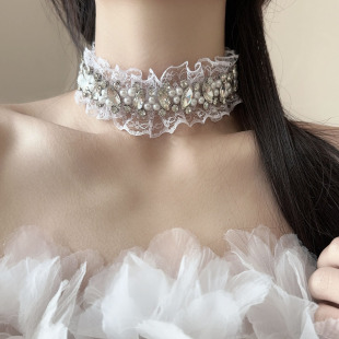 白色蕾丝闪钻花边轻奢时髦颈链欧美风精致设计感配礼服项链锁骨链