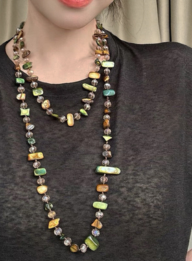 不规则彩贝壳水晶双层叠戴项链女