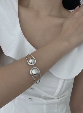 镜面银色金属球几何圆珠开口手镯