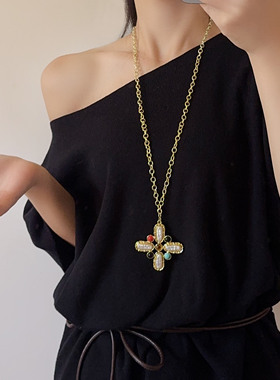 复古镶嵌彩石夸张十字架吊坠项链