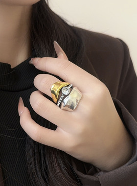 法式复古做旧金银拼接镶钻戒指潮
