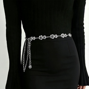 复古做旧金属双花朵腰链配饰女配裙子玫瑰花朵链条腰带腰间配饰品