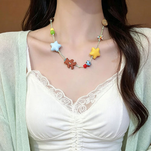 糖果色多巴胺星星小熊编绳项链女