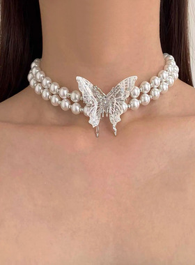 贝壳蝴蝶双层珍珠项链气质短款