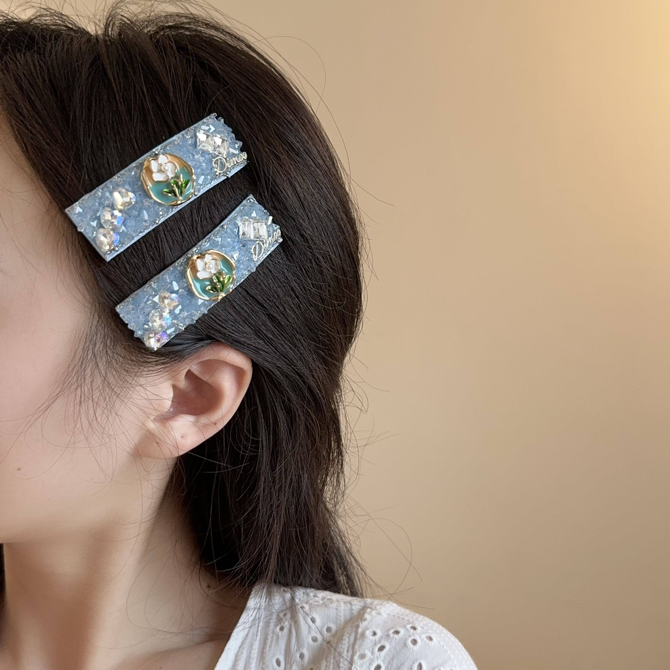 爱心水钻山茶花蓝色水晶发夹bb夹