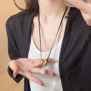 法式复古异形巴洛克珍珠项链长款女高级感皮绳百搭个性颈链毛衣链
