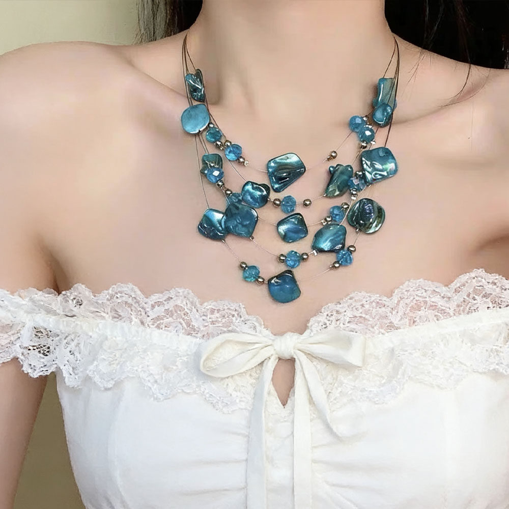 度假风蓝色巴洛克异形珍珠项链女新款夸张百搭多层叠戴锁骨颈链潮