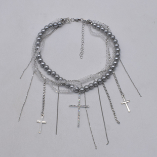 时尚辣妹多层珍珠水晶项链轻奢缠绕十字架吊坠链条流苏锁骨链颈链