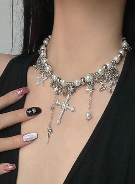 亮片繁星珍珠流苏十字架锁骨链