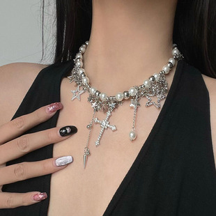 金属辣妹亚文化亮片繁星珍珠流苏项链女小众choker十字架锁骨链