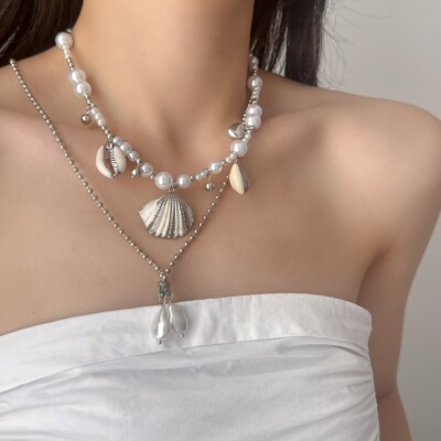 双层叠带贝壳海螺珍珠吊坠项链