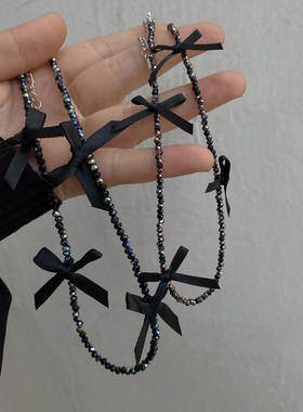 黑色水晶串珠女蝴蝶结项链锁骨链