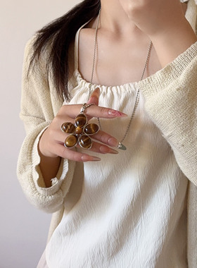 棕色花朵吊坠长款项链女毛衣链潮