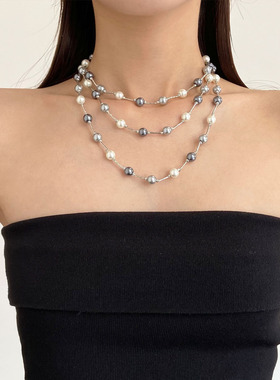 灰白混搭珍珠串珠项链毛衣链长款