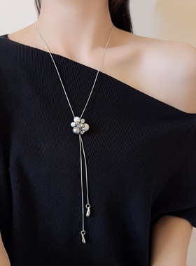 时尚珍珠金属圆柱吊坠项链流苏长