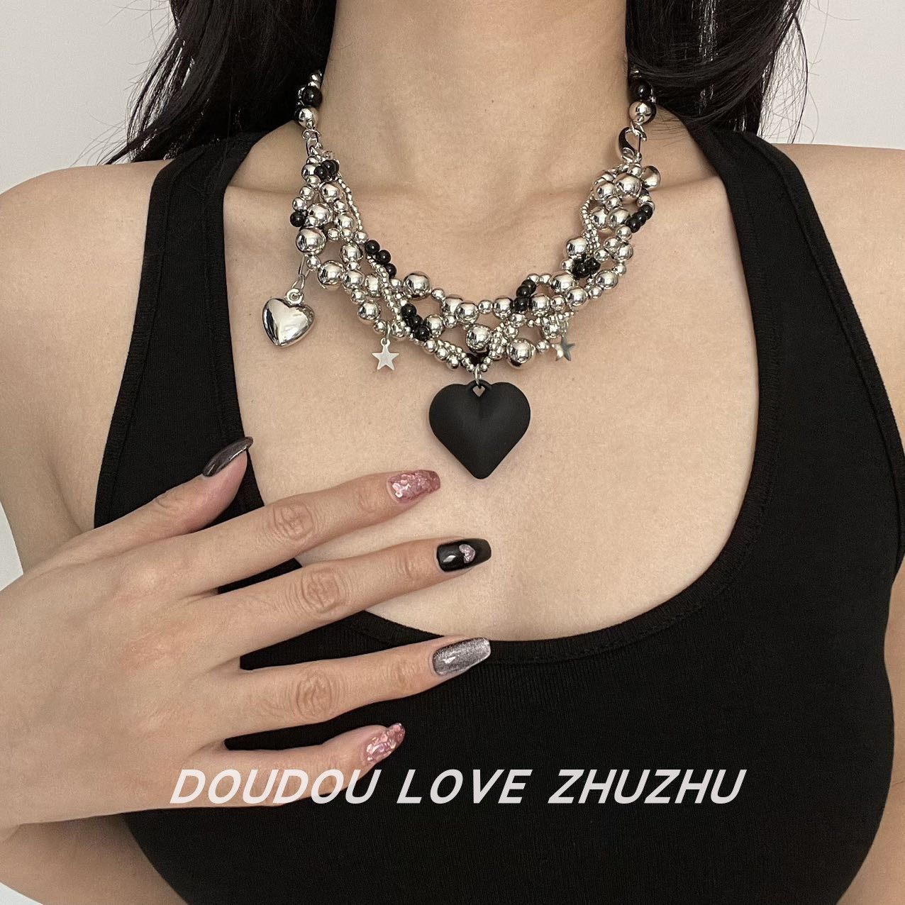 暗黑风复古爱心吊坠金属球不规则串珠项链女夸张嘻哈冷淡风锁骨链,饰品/流行首饰/时尚饰品新,项链,淘宝优惠券,粉丝福利购,淘宝优惠卷