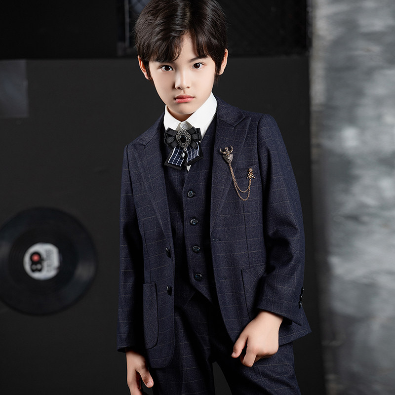 【清仓特价】男童西装套装格子儿童礼服帅气模特主持人钢琴演出服