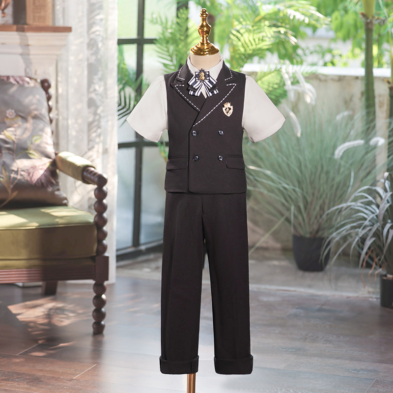 【清仓】主持人礼服男童儿童西装马甲套装夏季黑色钢琴演出服花童