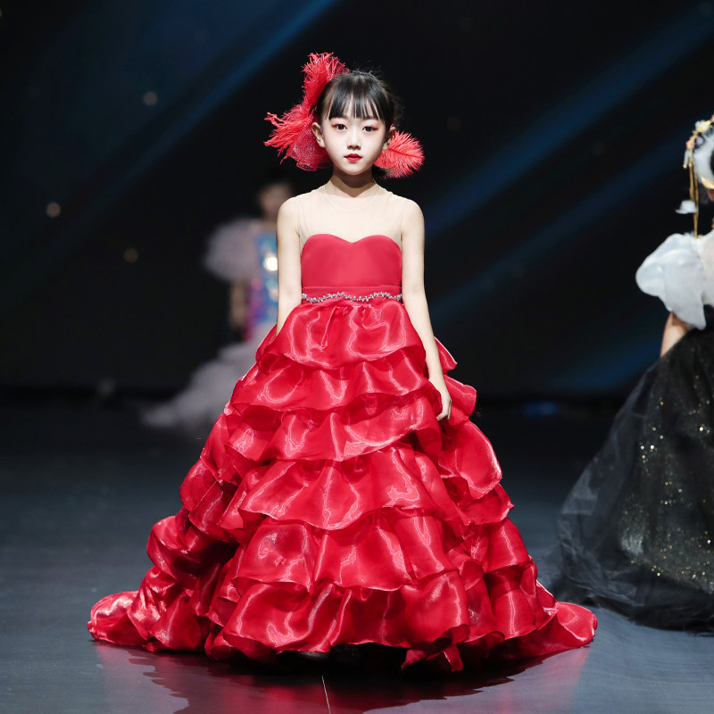 女童礼服轻奢小众高端公主裙2025新款儿童红色拖尾主持走秀演出服
