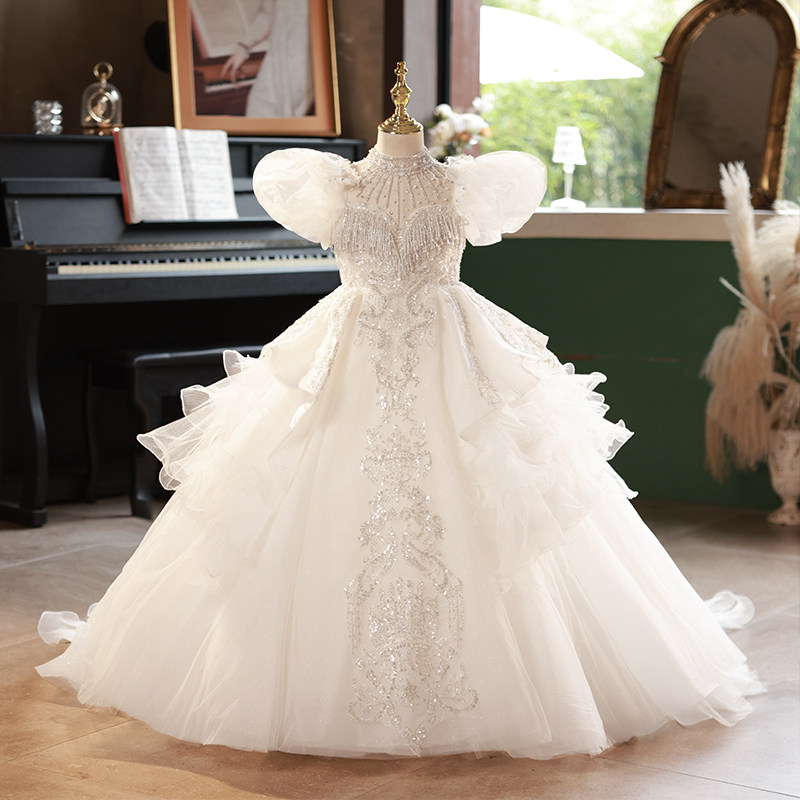 女童礼服2025新款重工儿童拖尾小主持人钢琴演出服白色生日公主裙