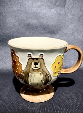皇冠正品冠祥熊趣森林中古早茶杯釉下彩水杯陶瓷杯容量500ml卡通