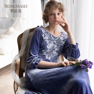 罗丝美19年秋冬专柜新品 Rosemaid 19202长袖 蕾丝真丝丝绒睡裙