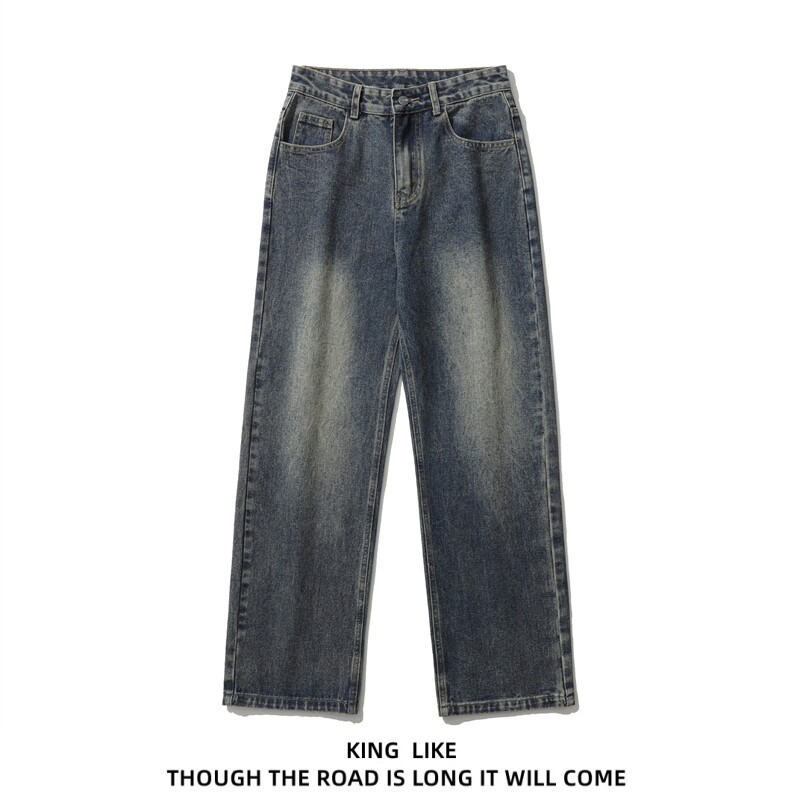 가을 루즈 캐주얼 커플 드레이프 와이드 레그 팬츠 남성용 킹 라이크 일본 복고풍 디스트레스드 스트레이트 청바지