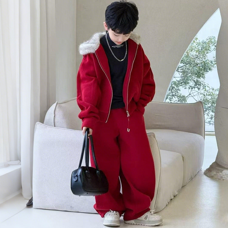 童装男童加绒套装冬季新款男孩红色中大童2025马年本命年儿童衣服