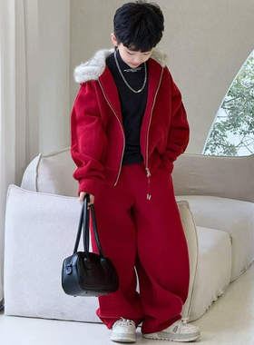 童装男童加绒套装冬季新款男孩红色中大童2025马年本命年儿童衣服