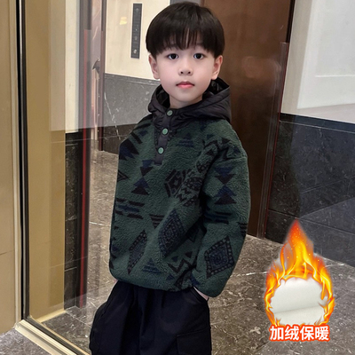 男童冬季加绒加厚保暖摇粒绒连帽卫衣2025新款秋冬儿童中大童上衣
