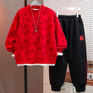 儿童加绒新年衣服中大童冬季 童装 2025新款 男童冬装 帅气两件套 套装