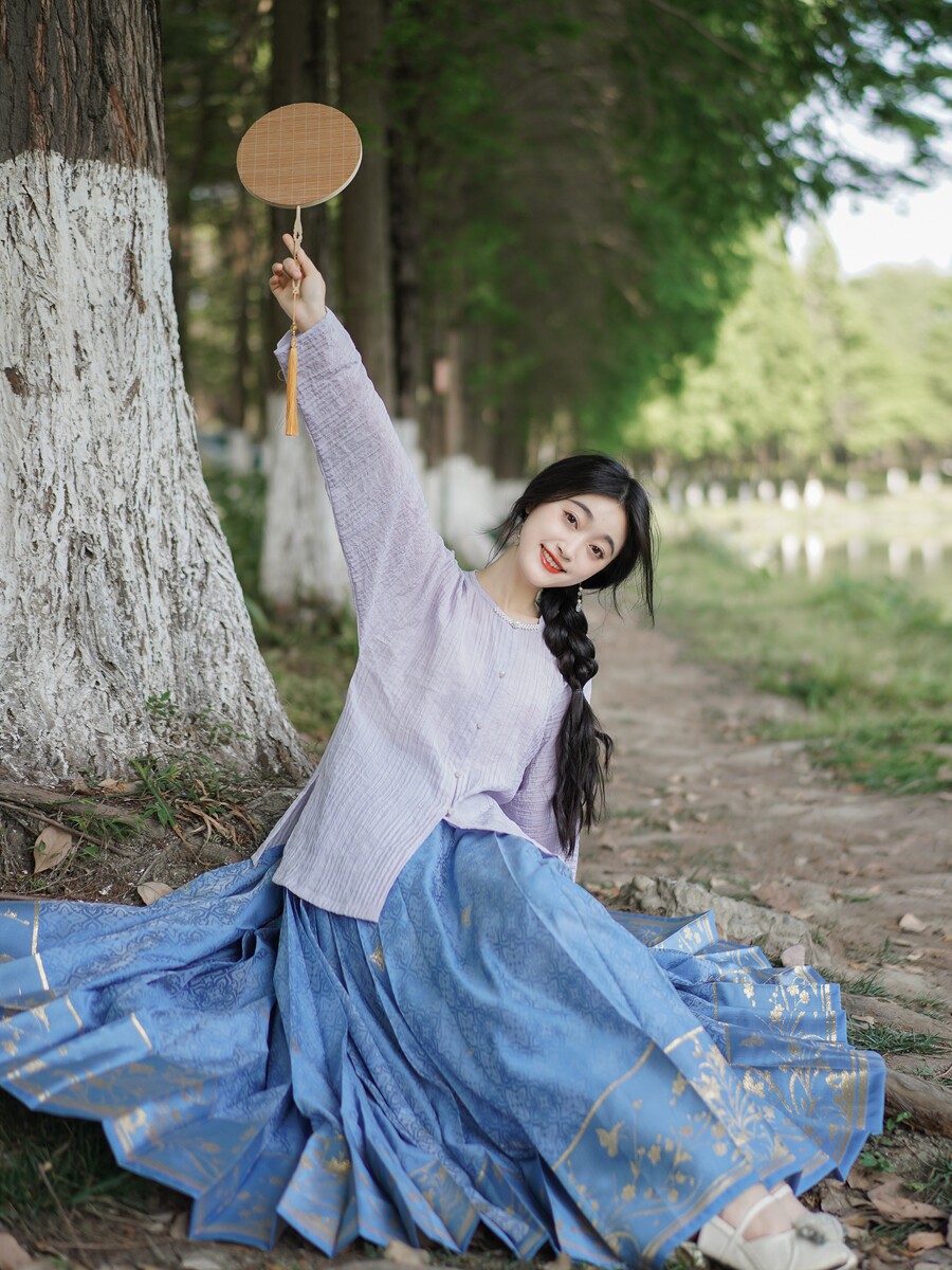 라운드 넥 셔츠 칼라리스 블라우스 봄 여름 명나라 한복 얇은 동두복 플러스 사이즈 데일리 긴 소매 단색 자외선 차단