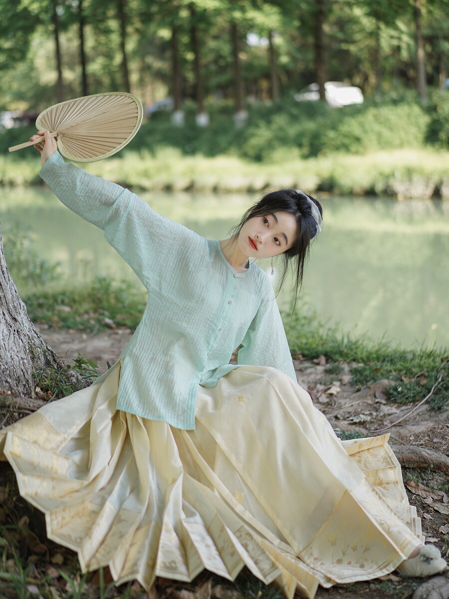 라운드 넥 셔츠 칼라리스 블라우스 봄 여름 명나라 한복 얇은 동두복 플러스 사이즈 데일리 긴 소매 단색 자외선 차단