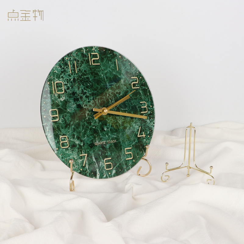 北欧金色铁艺挂钟底座圆镜子瓷盘