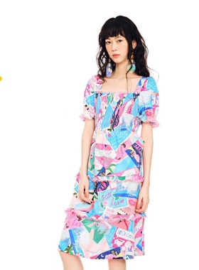 tanni正品2022春夏款时尚H版瘦腰印花连衣裙-TL11DR069B-