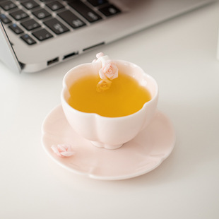 粉色女士羊脂玉主人杯茶杯手捏花功夫茶具陶瓷杯品茗杯茶盏