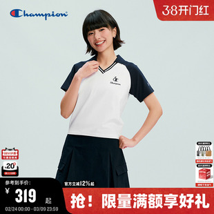 Champion短袖POLO衫女2026春季新款v领插肩袖短上衣美式复古简约