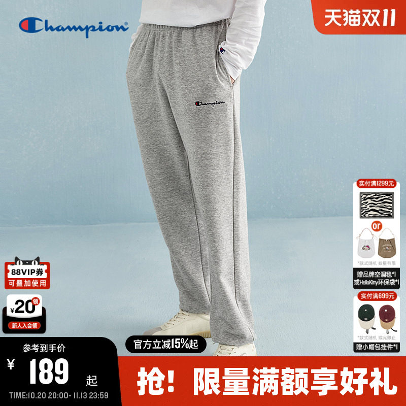 Champion冠军束脚卫裤男春秋新款刺绣草写logo灰色长裤女显瘦潮牌