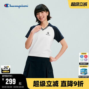 短款 Champion冠军短袖 上衣显瘦潮 v领插肩袖 新款 POLO衫 女2026春季