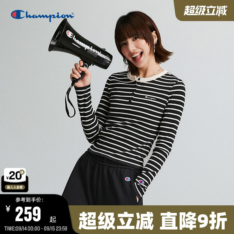 Champion复古条纹修身长袖T恤女图片