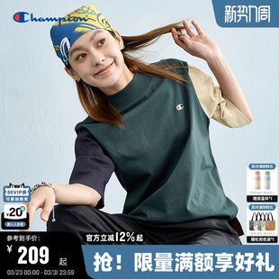 刺绣拼色半袖 新款 宽松上衣纯棉潮牌 t恤女夏季 Champion冠军短袖