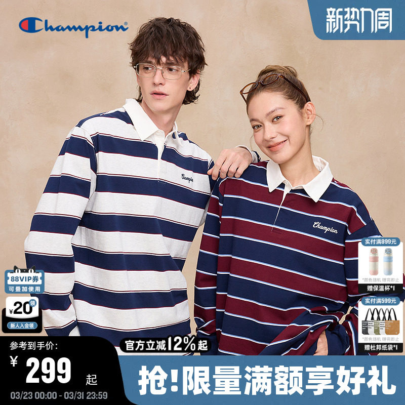 Champion冠军长袖T恤男2026春季新款复古红条纹翻领POLO衫学院女