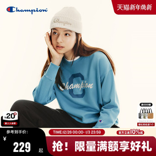 复古蓝色 季 Champion冠军圆领卫衣印花学院风上衣女美式 潮牌春秋款
