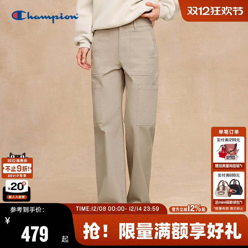 Champion冠军休闲裤女2025秋季新款斜纹直筒长裤复古简约风多口袋