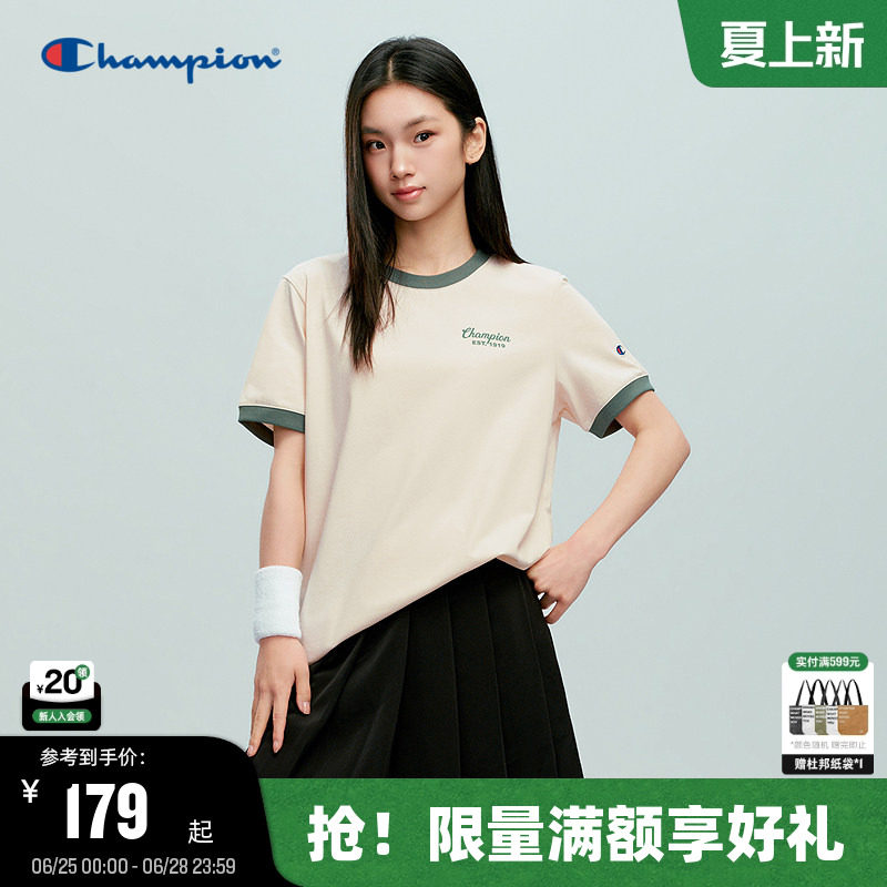 Champion冠军短袖T恤女2026夏季新款圆领撞色美式上衣流光甜酷风 - 实物图